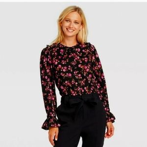 Who What Wear Flowered Button Down Ruffle Cuff Shirt/Top Long Sleeve Woven NWT